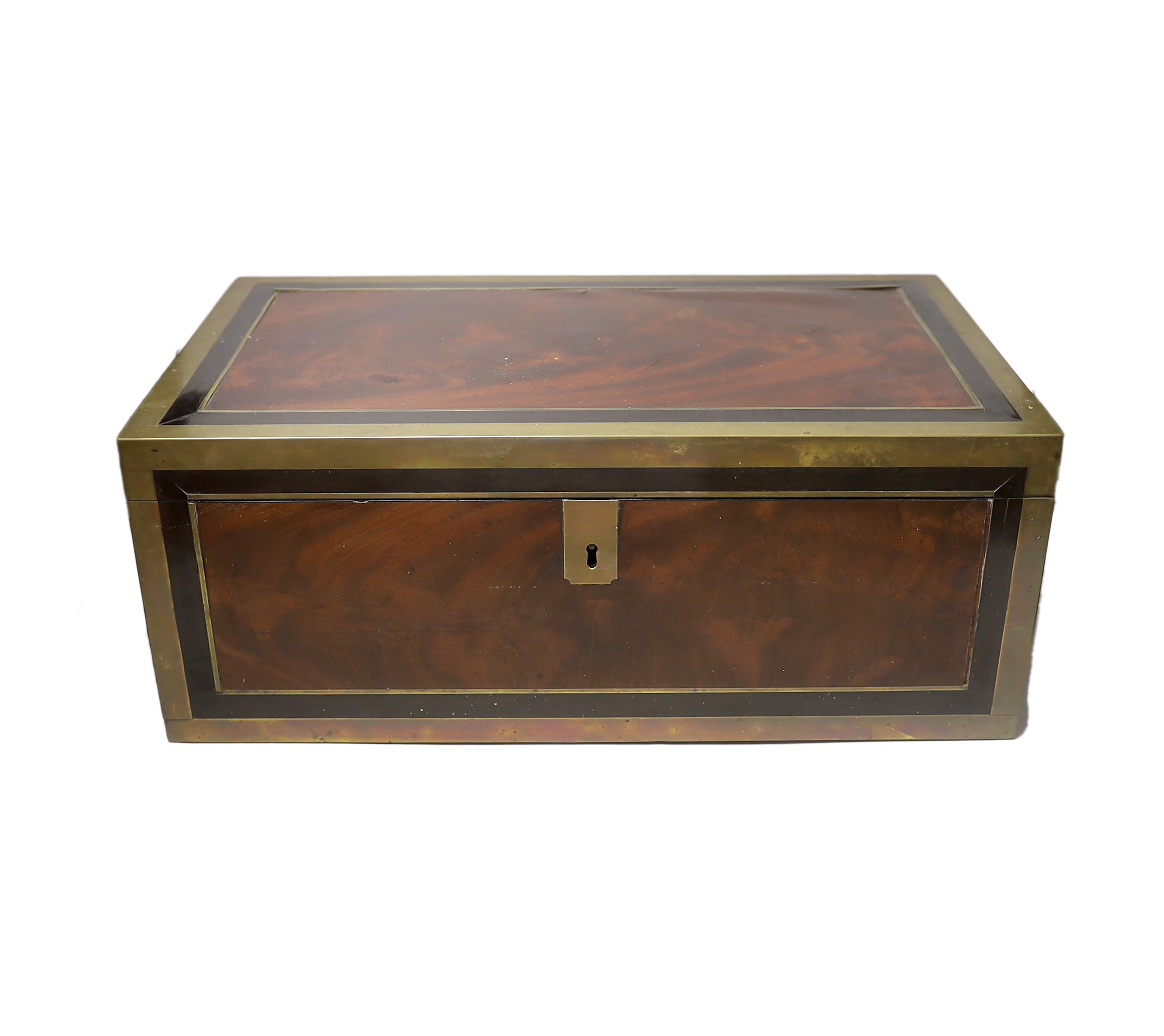 A George III mahogany, ebony and brass-mounted ship's writing box by Wells & Co., screw fixings to each side with original key, 50.5cm x 30cm x 19.5cm